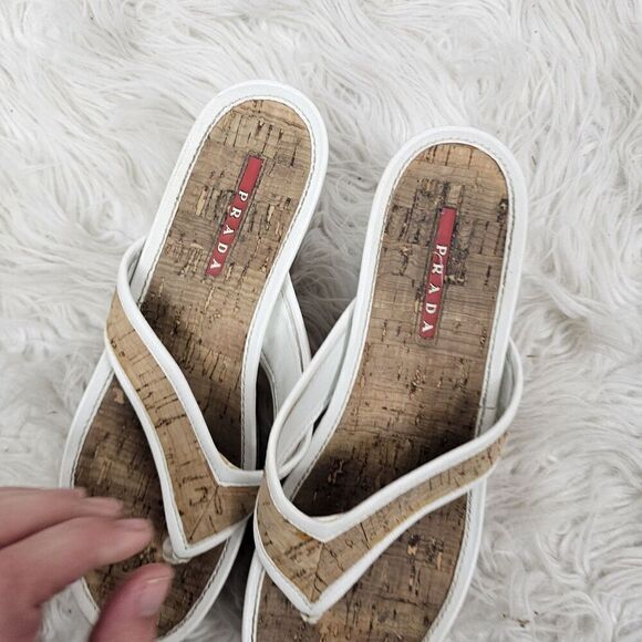 Vintage Prada Wedges 37 Cork Flip Flop Thong White - Picture 4 of 6